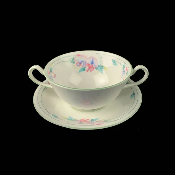 Antique Crockery Table Setting Vintage Porcelain Soup Cup Flower Pattern — Stock Photo, Image