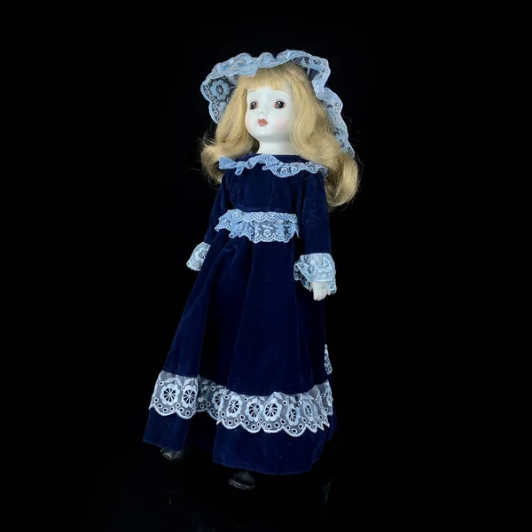 Porcelain Doll Isolated Black Background Ceramic Old Dolly Blue Dresses — Stock Photo, Image