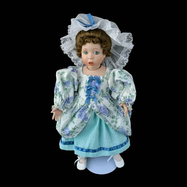 Porzellanpuppe Isoliert Auf Schwarzem Hintergrund Keramik Alte Dolly Vintage Blauen — Stockfoto