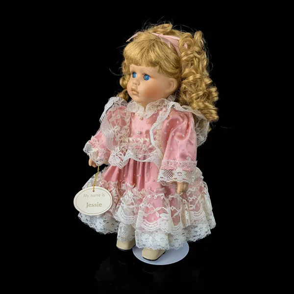 Porcelain Doll Isolated Black Background Ceramic Old Dolly Vintage Pink — Stock Photo, Image