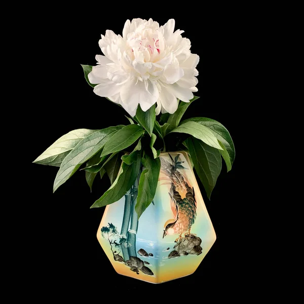 Vase Antique Style Oriental Avec Bouquet Pivoines Sur Fond Noir — Photo