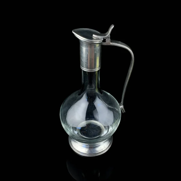 Antique Glass Decanter Metal Figured Neck Retro Decanter Alcohol Black — Stock Photo, Image