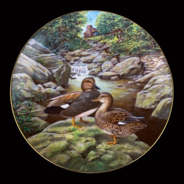 Gölde iki ördek var. Yuvarlak. Resim yapmak. Yuvarlak. El boyalı antika bir tabak. dekupaj için kuşların görüntüsü ile resim.