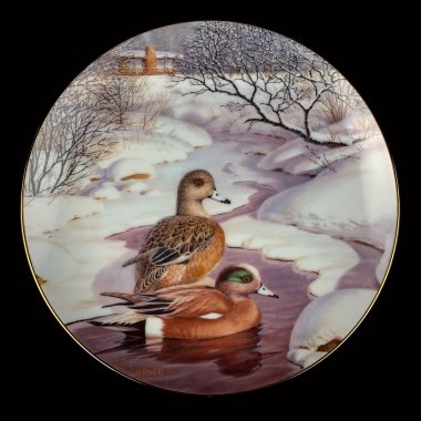 Gölde iki ördek var. Yuvarlak. Resim yapmak. Yuvarlak. El boyalı antika bir tabak. dekupaj için kuşların görüntüsü ile resim.