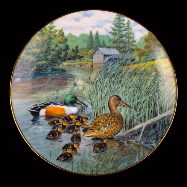 Gölde iki ördek var. Yuvarlak. Resim yapmak. Yuvarlak. El boyalı antika bir tabak. dekupaj için kuşların görüntüsü ile resim.