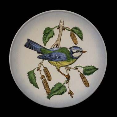 Baharda bir çember içinde dalda iki meme faresi kuşu. Yuvarlak. Resim yapmak. Yuvarlak. El boyalı antika bir tabak. dekupaj için kuşların görüntüsü ile resim.