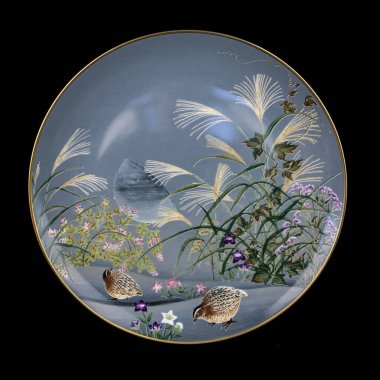 Japon usulü bir kuş. Japon resimleri. Yuvarlak şekilli. El boyalı antika bir tabak. dekupaj için kuşların görüntüsü ile resim.