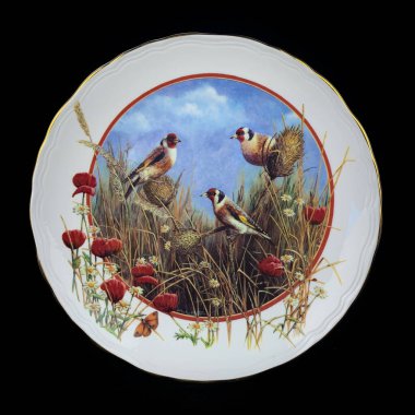 Baharda bir çember içinde dalda iki meme faresi kuşu. Yuvarlak. Resim yapmak. Yuvarlak. El boyalı antika bir tabak. dekupaj için kuşların görüntüsü ile resim.
