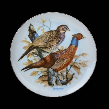 Sonbahar arkaplanı, ormanda iki sülün oturuyor. Yuvarlak. El boyalı antika bir tabak. dekupaj için kuşların görüntüsü ile resim.