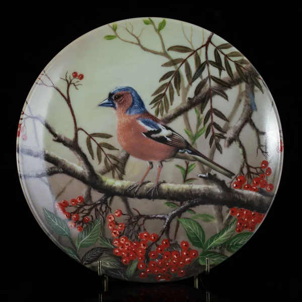 Baharda bir çember içinde dalda iki meme faresi kuşu. Yuvarlak. Resim yapmak. Yuvarlak. El boyalı antika bir tabak. dekupaj için kuşların görüntüsü ile resim.