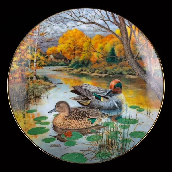 Two Bird Ducks Lake Painting Shape Antique Plate Hand Painting — Stock Photo, Image