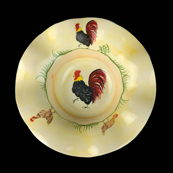 Vogel Hahn Auf Gelbem Hintergrund Runde Form Antiker Teller Mit — Stockfoto