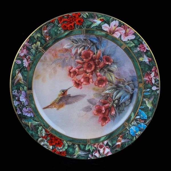 Small Bright Bird Hummingbird Background Flowering Plants Shape Antique Plate — Stock Photo, Image