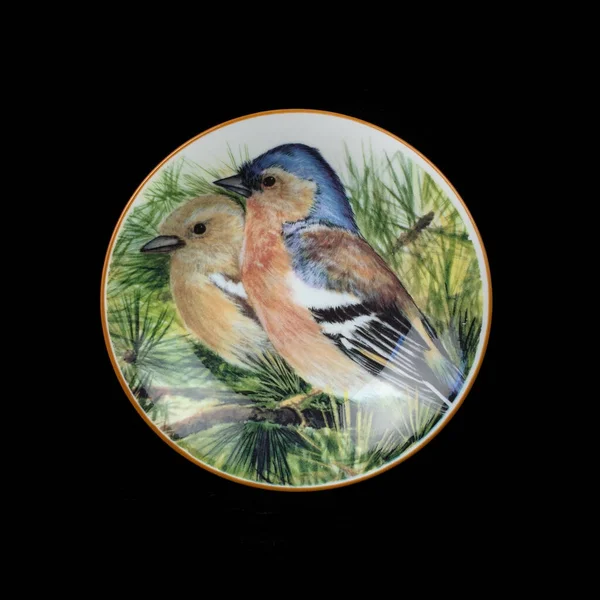 Two Titmouse Birds Branch Spring Circle Painting Shape Antique Plate — Stock Photo, Image