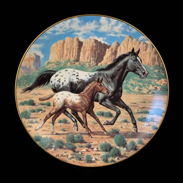 Starožitný Kulatý Talíř Vyobrazením Koní Kulatý Obrázek Pro Oddělení Zvířaty — Stock fotografie