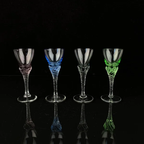 Set Antique Colored Wine Glasses Curly Legs Set Glass Vintage — Stock Photo, Image