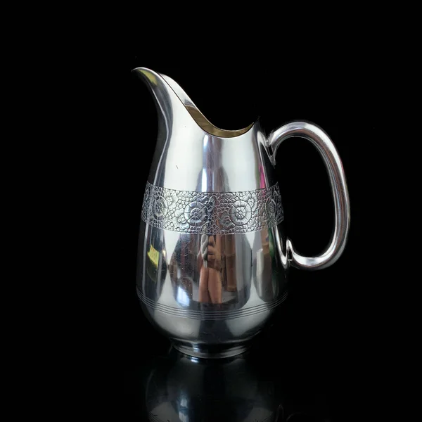 Antique Metal Milk Jug Metal Jug Engraving Black Isolated Background — 스톡 사진