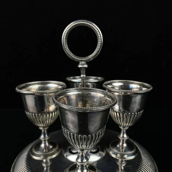 Silver Antique Set Glasses Stand Engraving Metal Vintage Set Glasses — Foto de Stock