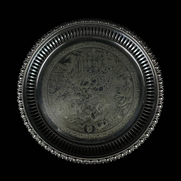 Engraved Antique Silver Tray Metal Vintage Tray Floral Pattern Black —  Fotos de Stock