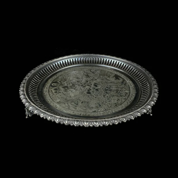 Engraved Antique Silver Tray Metal Vintage Tray Floral Pattern Black — Stock Photo, Image