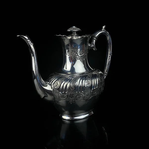 Antique Metal Teapot Silver Tea Service Metal Jug Engraving Black — Foto Stock