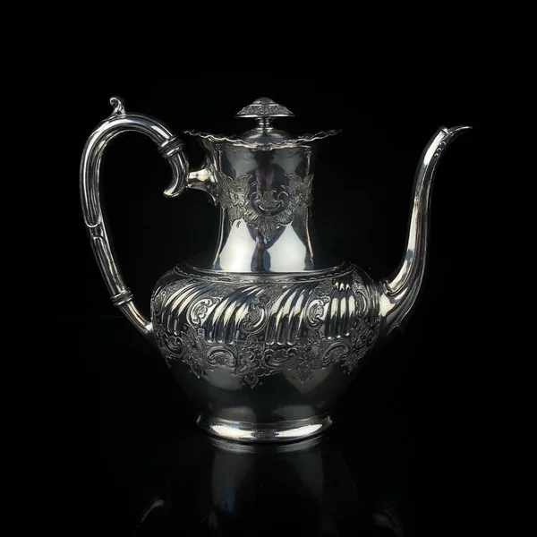 Antique Metal Teapot Silver Tea Service Metal Jug Engraving Black — Foto Stock