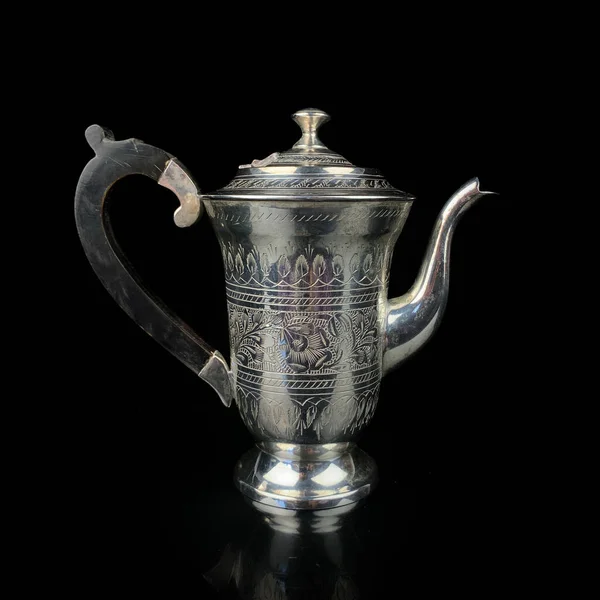 Antique Metal Teapot Silver Tea Service Metal Jug Engraving Black — Foto de Stock