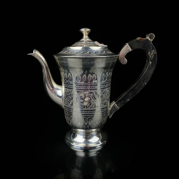 Antique Metal Teapot Silver Tea Service Metal Jug Engraving Black — Foto de Stock
