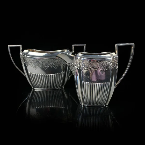 Silver Antique Service Engraving Black Isolated Background Vintage Tea Service — Stok fotoğraf