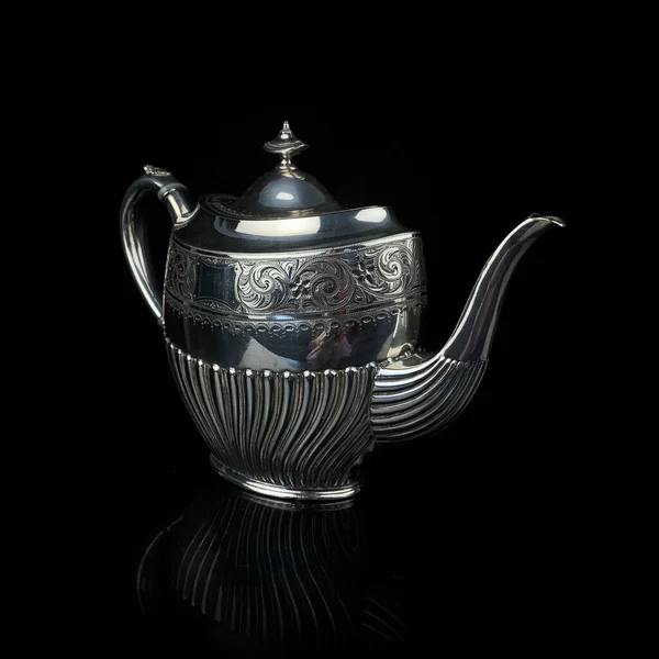 Antique Metal Teapot Silver Tea Service Metal Jug Engraving Black — Stock fotografie