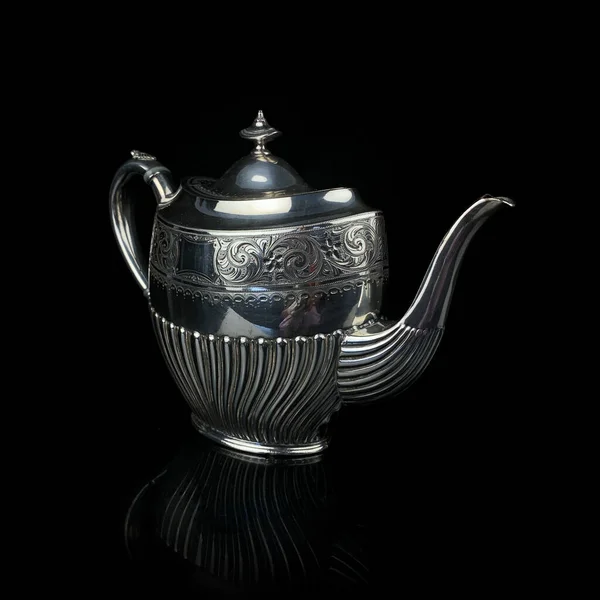 Antique Metal Teapot Silver Tea Service Metal Jug Engraving Black — Foto Stock