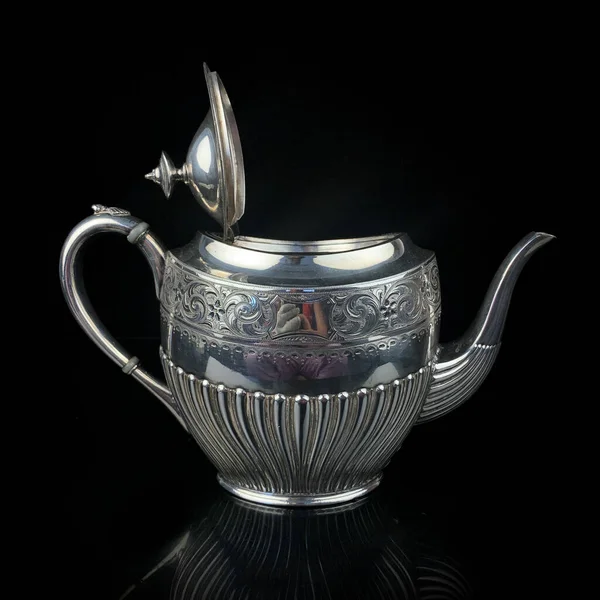 Antique Metal Teapot Silver Tea Service Metal Jug Engraving Black — Fotografia de Stock