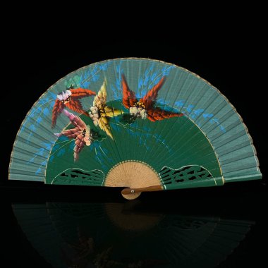 Siyah izole edilmiş arka planda boyalı kuşları olan antika bir yelpaze. Çinlilerin yakın plan resimli hayranı. Papaya hayranı.