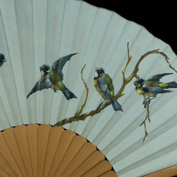 antique blue color fan with chinese painting on black isolated background. fan with painted birds