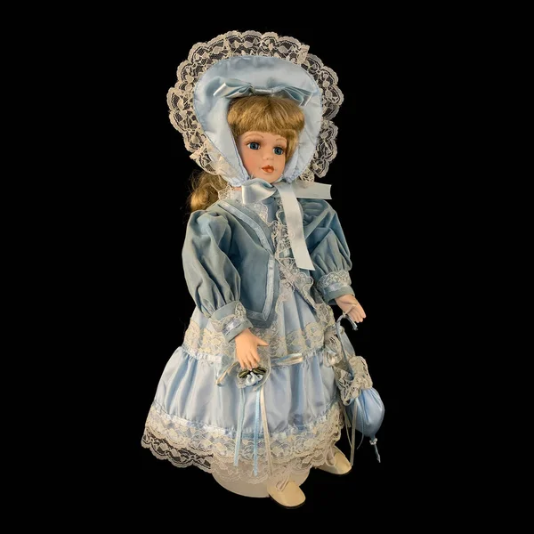 Porcelain Doll Isolated Black Background Ceramic Old Dolly Vintage Blue — Stock Photo, Image
