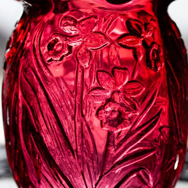 Antique Red Glass Flower Vase Interior Figured Vase Close Macro — Foto Stock