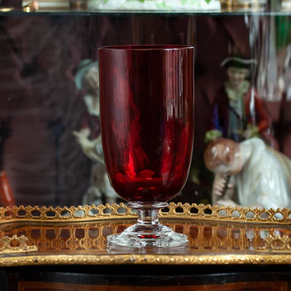 Antique Red Glass Flower Vase Interior Figured Vase Close Glass — Photo