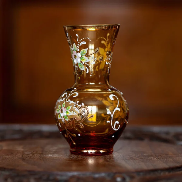 Antique Orange Glass Vase Flower Pattern Luxury Interior Hand Painted — Foto de Stock