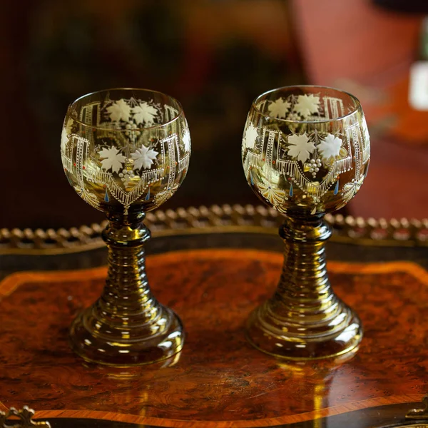 Orange Glass Goblet Unusual Shape Luxurious Interior Orange Goblet Close — Zdjęcie stockowe