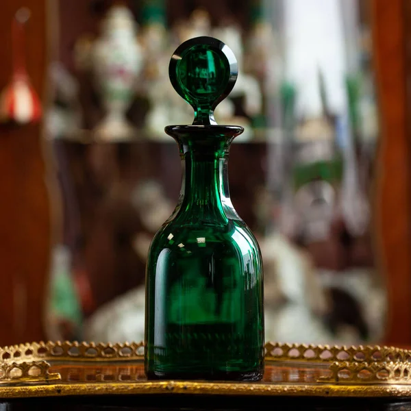 Set Glass Green Bottles Luxury Interior Crystal Green Bottle Bohemian — стоковое фото