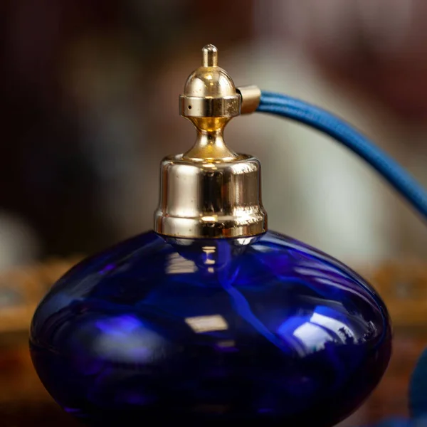 Vintage Perfume Bottle Close Luxury Interior Vintage Blue Perfume Bottle — стоковое фото