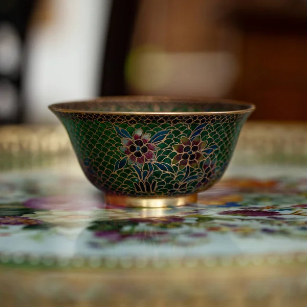 Stained Glass Dish Luxurious Interior Crystal Green Plate Floral Pattern — Stock fotografie