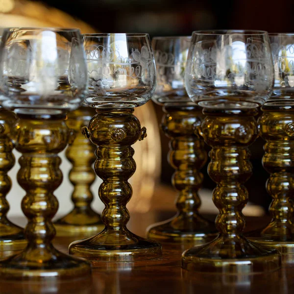 Set Glass Goblets Luxurious Interior Golden Antique Goblet Close Bohemian — Photo
