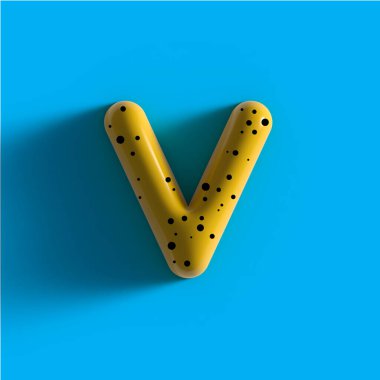 3d yellow bubble plastic letter V . Glossy yellow alphabet letter V lowercase. 3d render realistic yellow plastic bubble on Blue background letter V