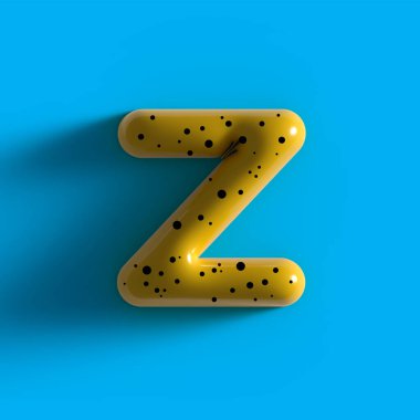 3d yellow bubble plastic letter Z . Glossy yellow alphabet letter Z lowercase. 3d render realistic yellow plastic bubble on Blue background letter Z