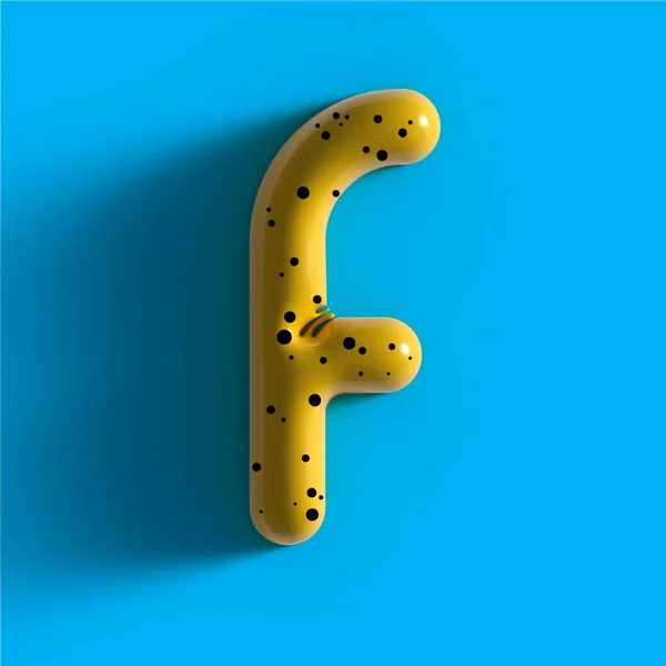 3d yellow bubble plastic letter F . Glossy yellow alphabet letter F lowercase. 3d render realistic yellow plastic bubble on Blue background letter F