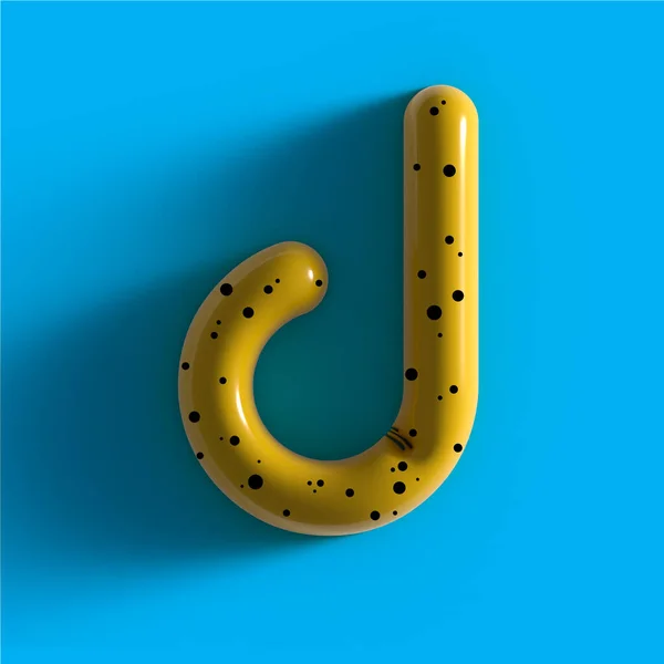 3d yellow bubble plastic letter D . Glossy yellow alphabet letter D lowercase. 3d render realistic yellow plastic bubble on Blue background letter D