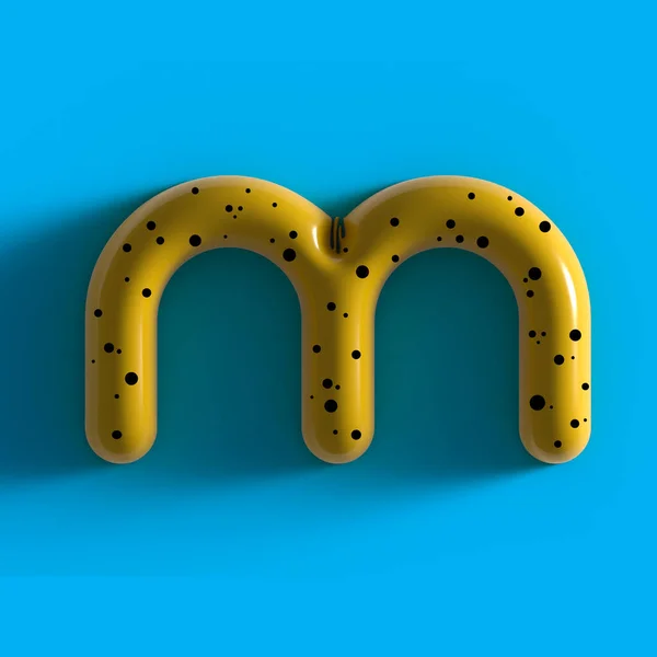 3d yellow bubble plastic letter M . Glossy yellow alphabet letter M lowercase. 3d render realistic yellow plastic bubble on Blue background letter M