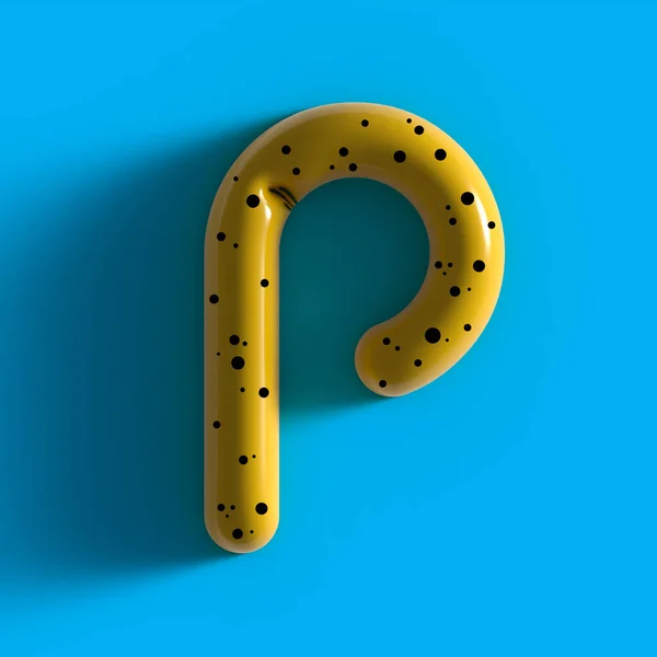 3d yellow bubble plastic letter P . Glossy yellow alphabet letter P lowercase. 3d render realistic yellow plastic bubble on Blue background letter P