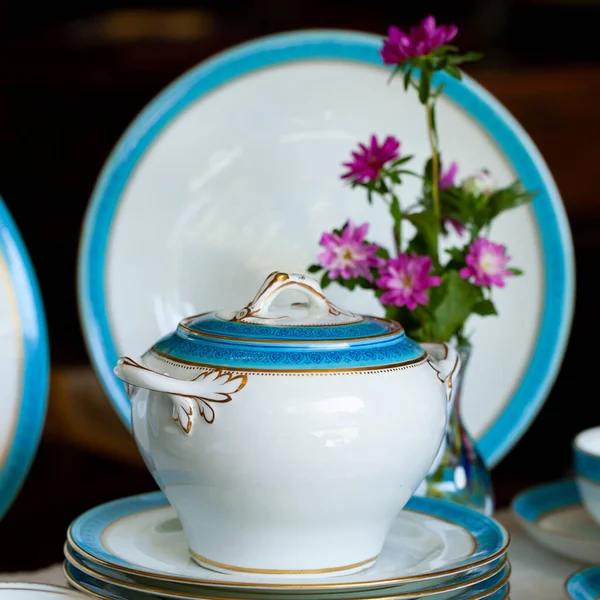 Antiek Brits Blauw Porselein Theeservies Bruiloft Tafel Setting Rijkelijk Ingericht — Stockfoto